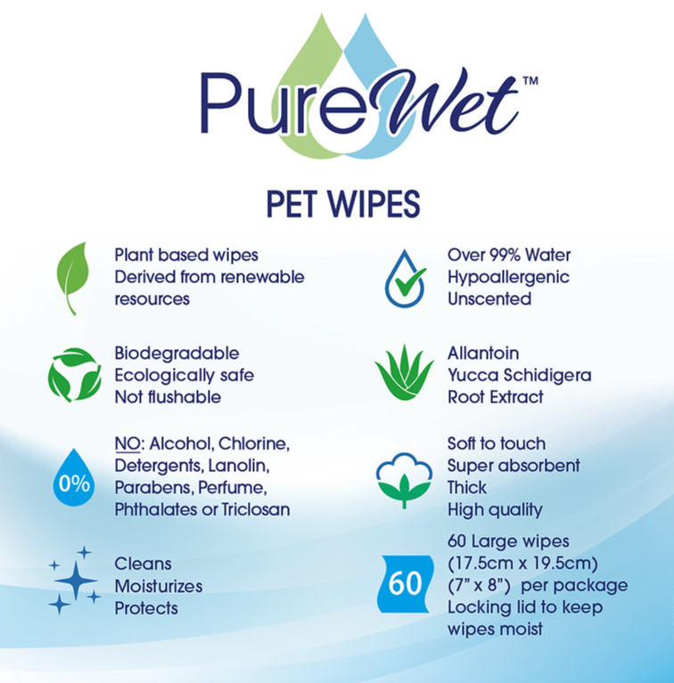 NEW - Pure Wet Pet Wipes (Regular 60 wipes and XL sizes)